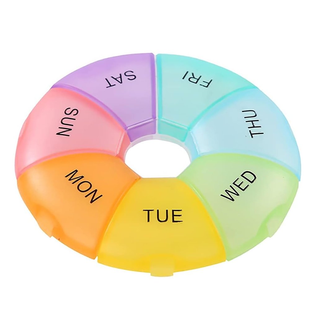 1 PC Pill Box 7 Day Week Organizer Weekly Bottle Cute Round Travel Case Small Container Medicine Stored Dispenser Medication Sorter Supplements with Date Letters 1 Time Daily Day