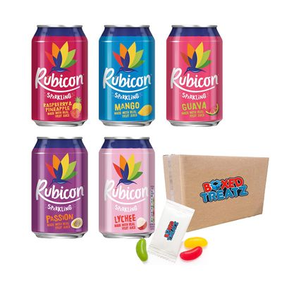 Rubicon Sparkling Fizzy Drink With Real Fruit Juice 330ml Pack Of 24 Assorted Flavours Suitable For Vegans Rubicon Sparkling Cans Bundle Boxed Treatz