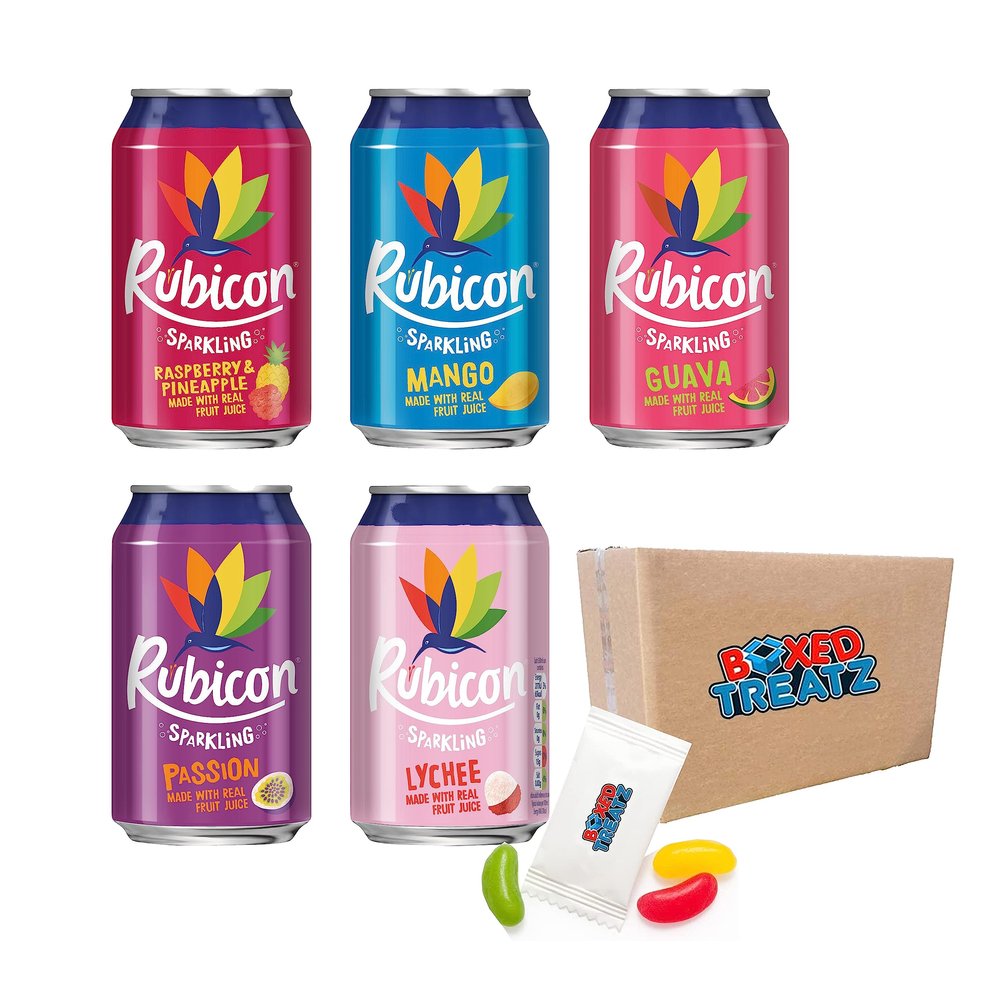 Rubicon Sparkling Fizzy Drink With Real Fruit Juice 330ml Pack Of 24 Assorted Flavours Suitable For Vegans Rubicon Sparkling Cans Bundle Boxed Treatz