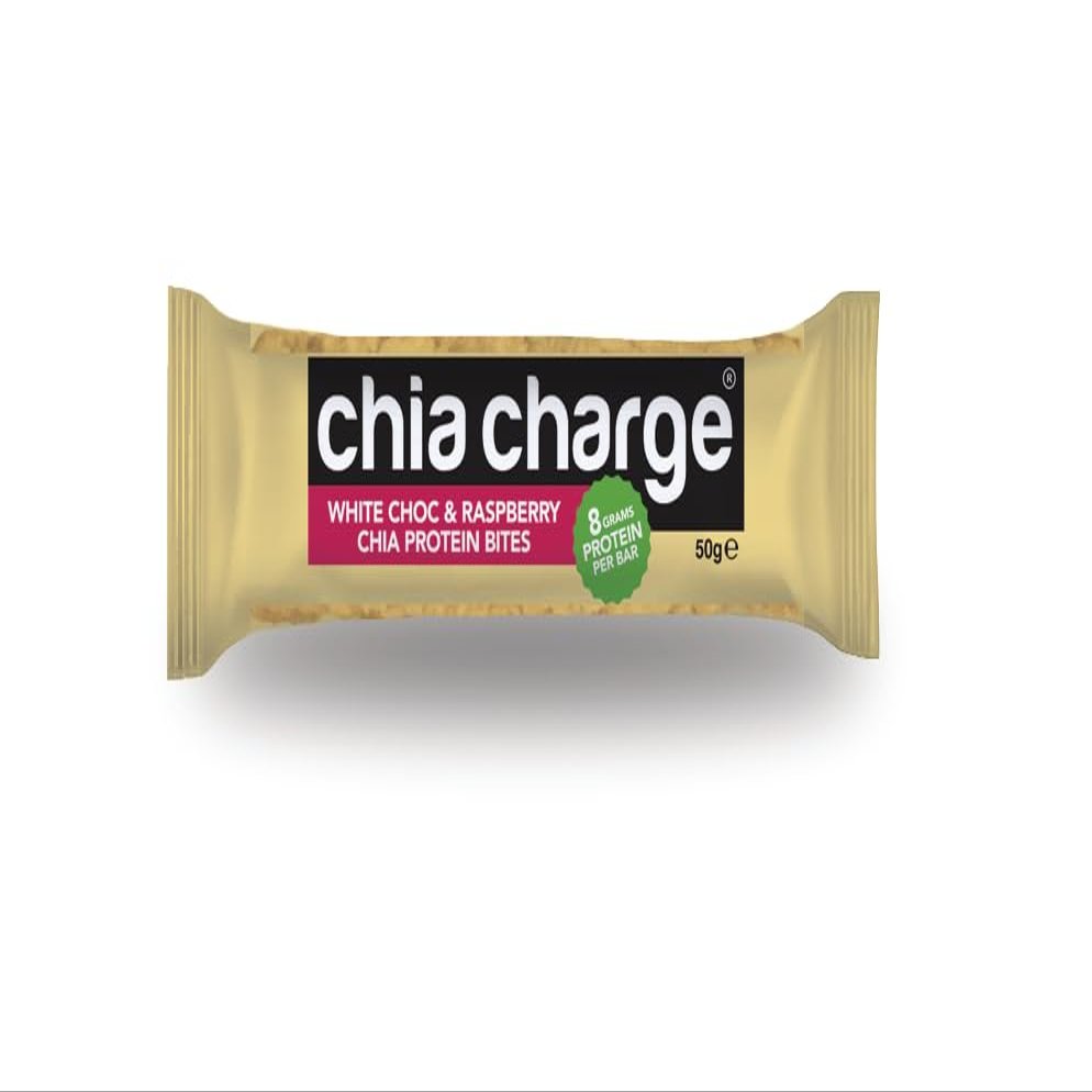 Protein Bites 8g Chia Protein 12 Pack 50g Bars Palm Oil Free Made in the UK (White Chocolate and Raspberry)