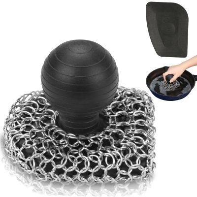 Cast Iron Scrubber with Pan Scraper, 316 Chainmail Scrubber, Upgraded Chain Mail Scrubber Sponge, Cast Iron Cleaner for Grill Pan Skillet Wok Carbon Steel, Dutch Oven Metal Brush Cleaning Kit, Black