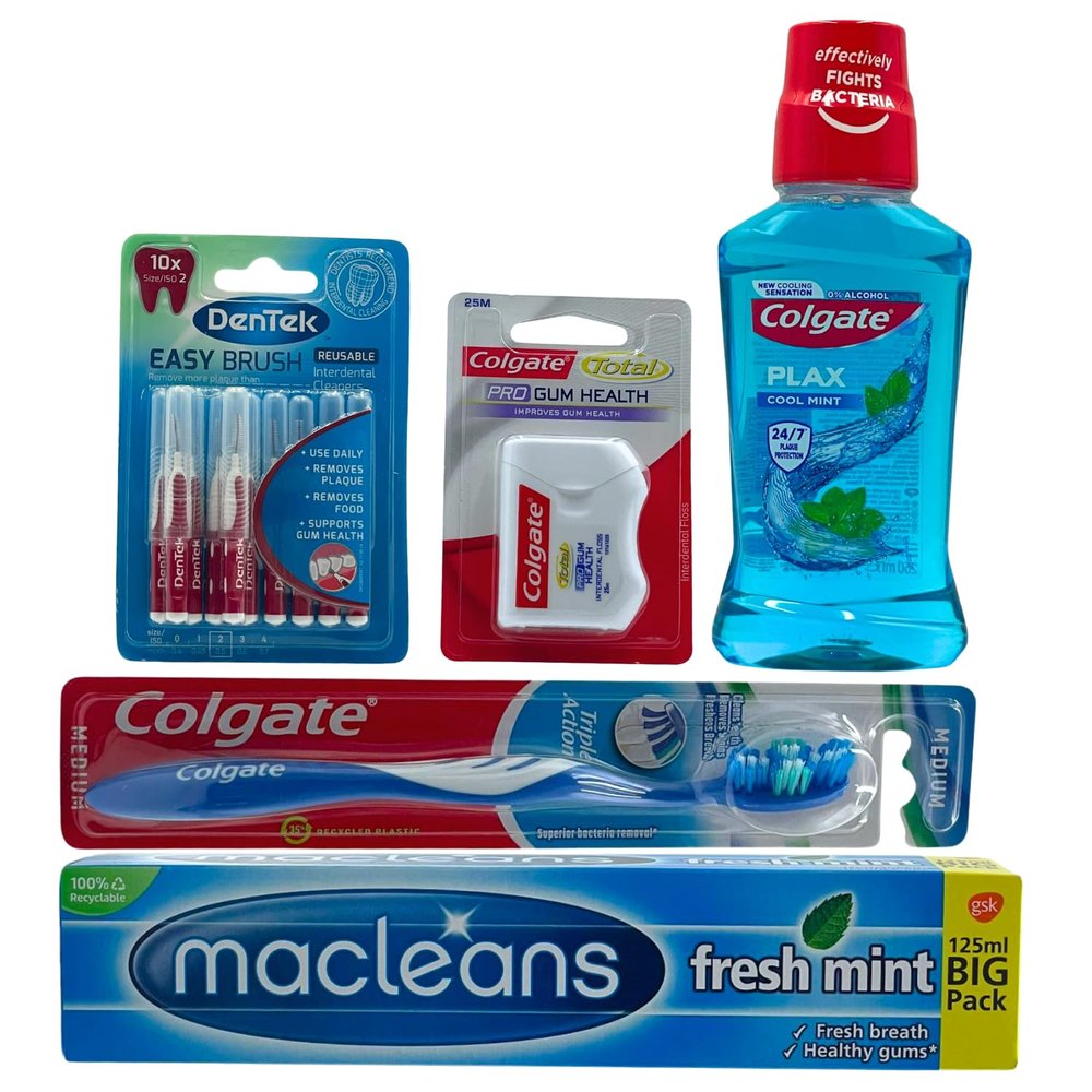 Dental Health Care Bundle of Toothbrush, Toothpaste, Mouthwash, Floss, Interdental Cleaners for Everyday use, Floride Toothpaste, Floss, Flossing