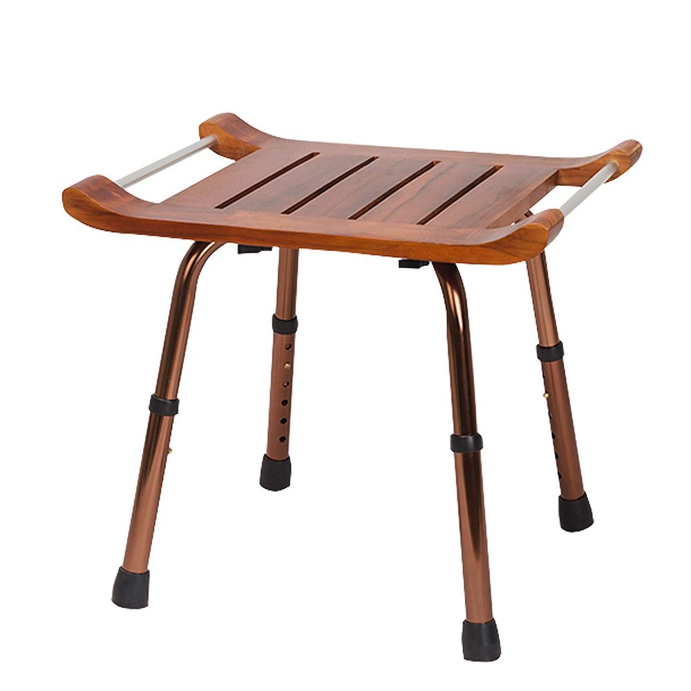 Adjustable Folding Teak Shower Seat with Arm Spa Shower Chair Bench with Aluminum Alloy Non-Slip Feet Foldable Shower Stool for Pregnant Woman Elderly Senior Handicap Disabled, Brown