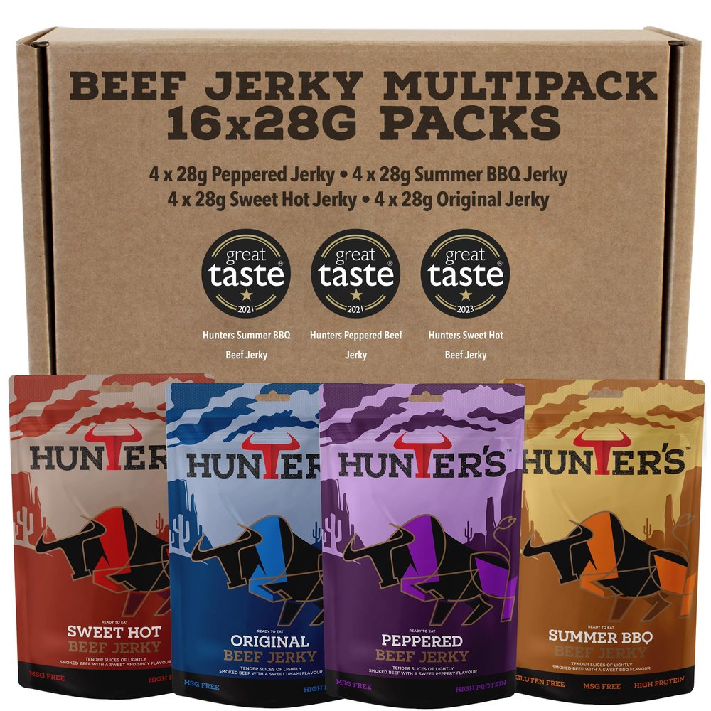 Hunters Beef Snack 16 Pack Variety Beef Jerky, 448g Mixed Flavours - Grass Fed Meat Snacks - Low Calorie Carnivore High Protein Snacks - Meat Strips Snack