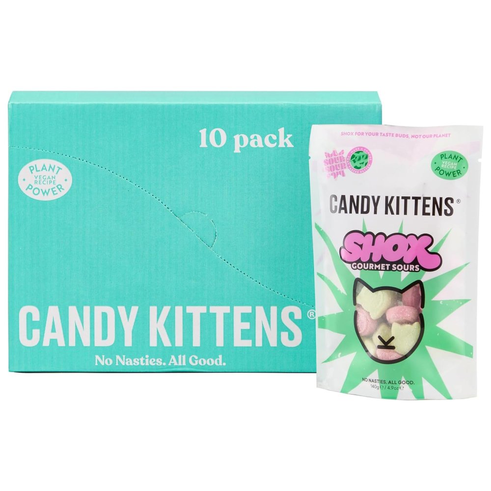 Candy Kittens Vegan Sweets Sour SHOX Strawberry & Apple Plant-Based Vegan Treats with Fruity Flavours, Made with Real Fruit Juice Ideal Snacks for Sweet Hampers & Pick and Mix 140g, Pack of 10