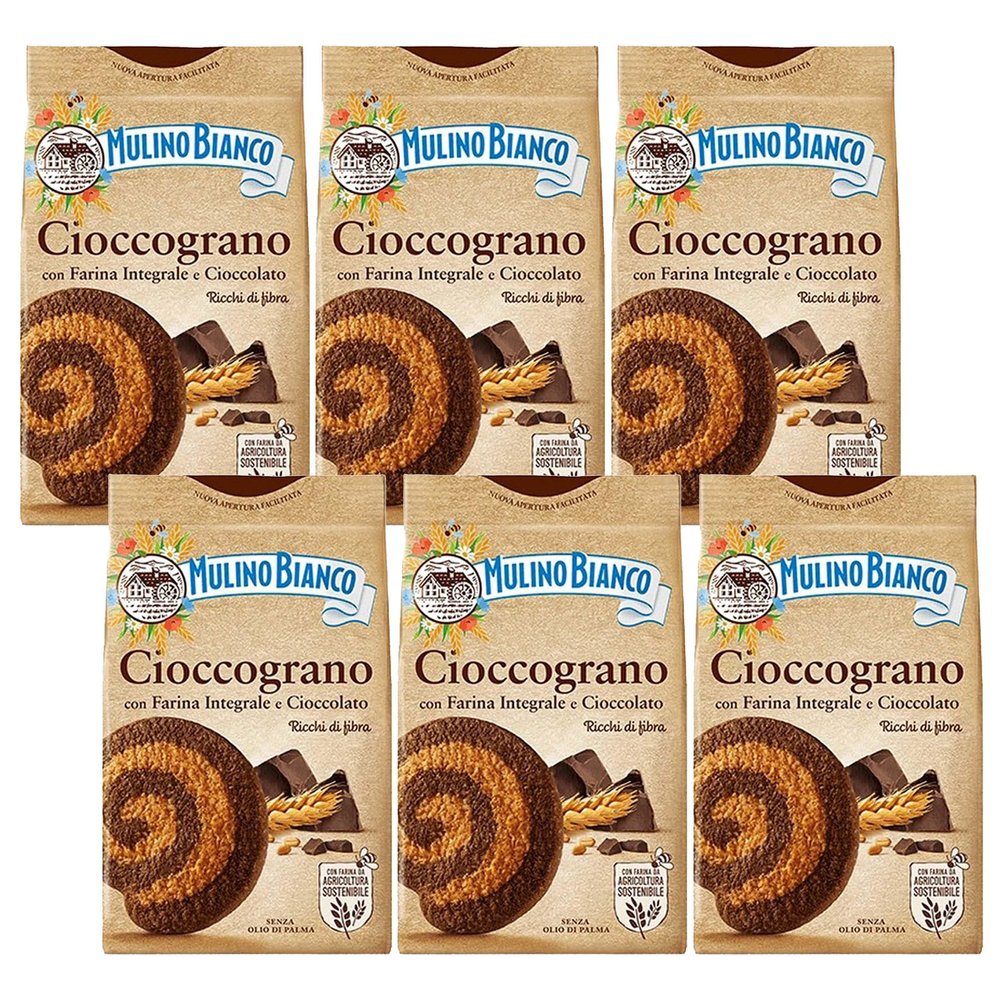 MULINO BIANCO Cioccograno Italian shortbread biscuits made with wholemeal flour and dark chocolate 330g x 6 packets (Cioccograno, x6)
