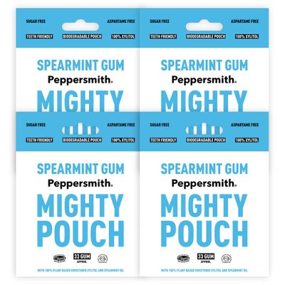 Peppersmith - British Spearmint Gum - 100% Plant Based Xylitol - Breath Freshener - Sugar Free Gum - Benefits Oral Health - Mighty Pouch - Pack of 4
