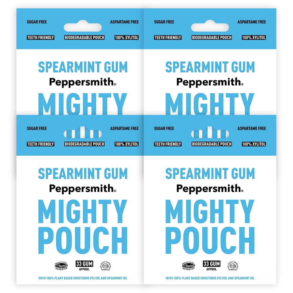 Peppersmith - British Spearmint Gum - 100% Plant Based Xylitol - Breath Freshener - Sugar Free Gum - Benefits Oral Health - Mighty Pouch - Pack of 4