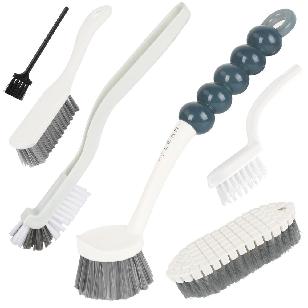 6 Pack Multipurpose Household Cleaning Brush Set, Deep Cleaning Brush Set with Grips Dish Brush, Scrub Brush, Bottle Brush, Shoe Brush, Groove Gap Brush, Keyboard Brush for Kitchen Bathroom (B)