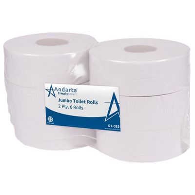 Andarta - 2Ply Jumbo White Toilet Rolls with 76mm Core - Pack of 6 High Capacity Toilet Roll - 300m Per Roll - Made from Recycled Materials - Suitable for All Jumbo Dispensers - Bulk Toilet Roll