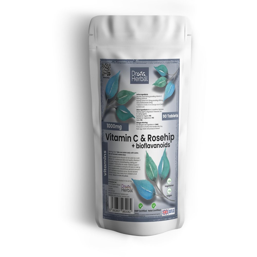 Dr. Herbal Vitamin C 1000mg with Rosehip 20mg and Bioflavonoids 20mg - Immune Support and Antioxidant Boost