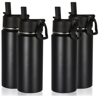 Volhoply 480ml Kids Water Bottle Bulk 4 Pack,Insulated Sports Bottles with Straw Lid,Stainless Steel Bottle with Handle Keep Cold & Hot,Double Wall Vacuum Flask for School,Girls(Black,Set of 4)