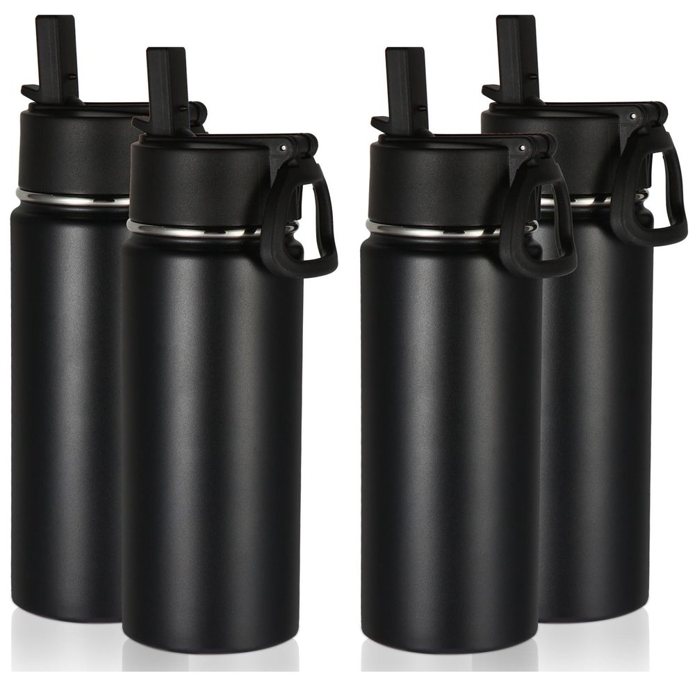 Volhoply 480ml Kids Water Bottle Bulk 4 Pack,Insulated Sports Bottles with Straw Lid,Stainless Steel Bottle with Handle Keep Cold & Hot,Double Wall Vacuum Flask for School,Girls(Black,Set of 4)