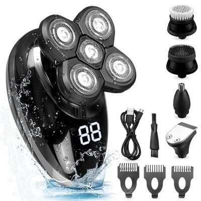 Electric Razor for Men's, 5 In 1 Men's Rechargeable Bald Head Electric Shaver 5 Floating Heads Beard Nose Ear Hair Trimmer Razor Clipper Facial Brush