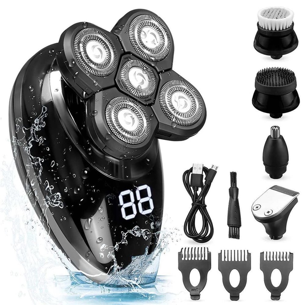 Electric Razor for Men's, 5 In 1 Men's Rechargeable Bald Head Electric Shaver 5 Floating Heads Beard Nose Ear Hair Trimmer Razor Clipper Facial Brush