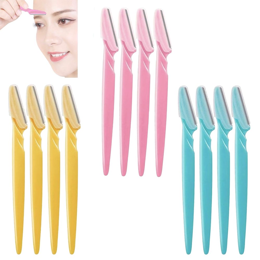 12 Packs Eyebrow Razor,Portable Shavers Trimmers Facial Hair Knife Remover,Shaper Shavers Trimmers for Women and Men Face Hair Removers (Yellow,Pink, Blue)