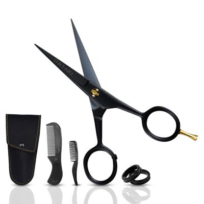 Ontaki Beard & Facial Hair Scissors - 5in Black with Finger Rest - Precise Long Beard Scissors - Includes Eyebrow Comb for Styling - Grooming Comb & PU Leather Travel Case