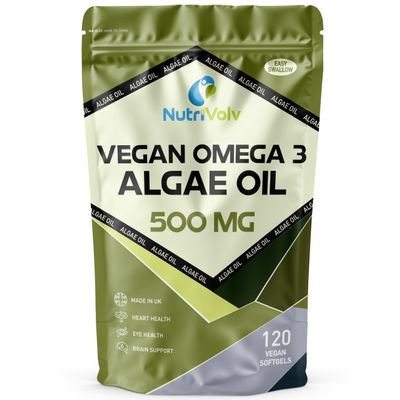 Vegan Omega 3 Algae Oil 500mg | 120 Vegan Softgels | DHA 200mg & EPA 100mg | Vegan Alternative to Omega 3 Fish Oil | Supports Eye, Brain & Heart Health | Essential Fatty Acid