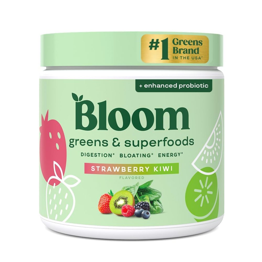 Bloom Super Greens Powder Strawberry Kiwi (30 Servings) Blends Probiotics, Enzymes, Spirulina, and Chlorella to Support Womens Gut Health, Ease Bloating, and Promote Healthy Digestion Naturally