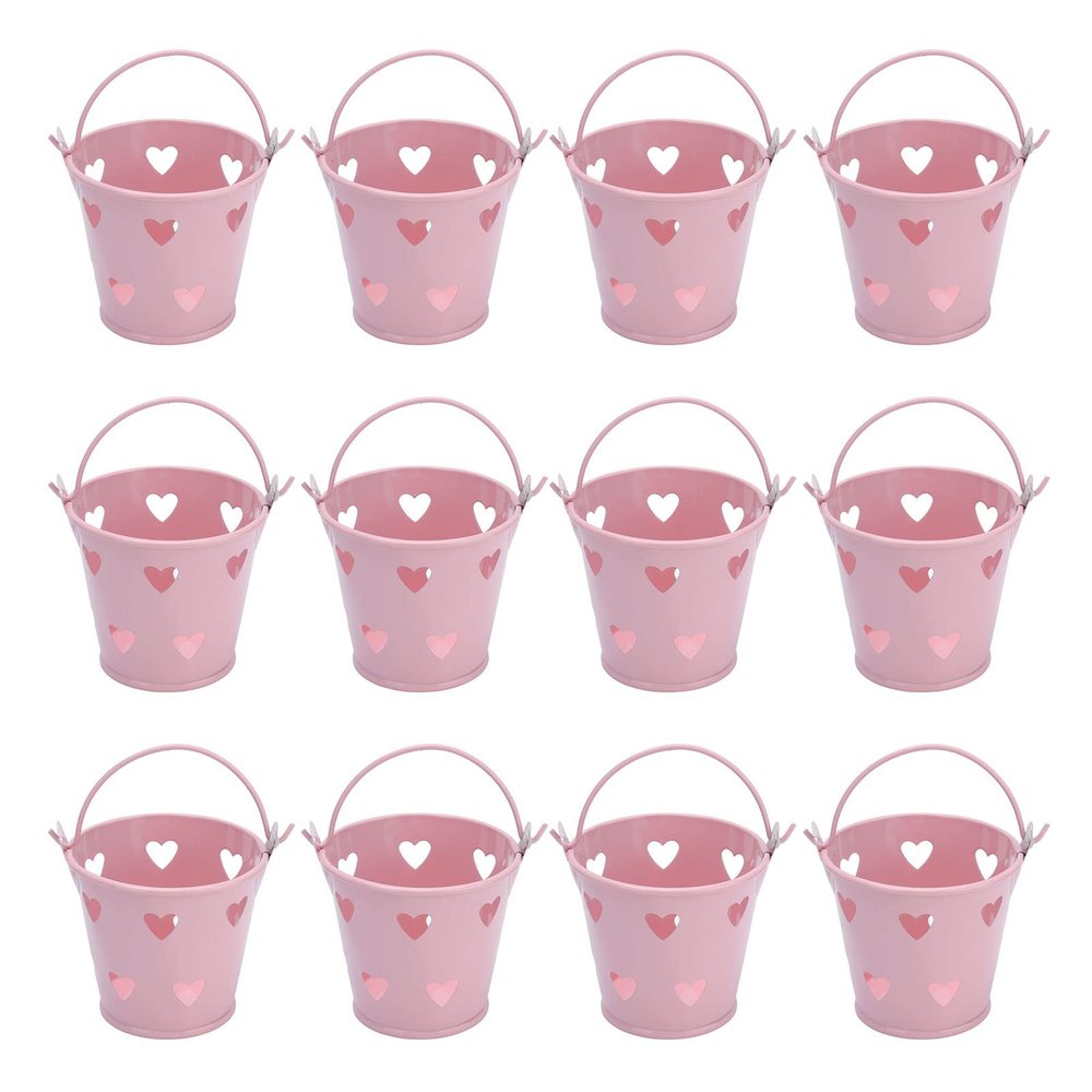 12pcs Metal Bucket Hollow Heart Shaped Bucket with Handle for Candies Outdoor Flower Cosmetics Snack Bucket Suitable for Weddings Birthday Parties