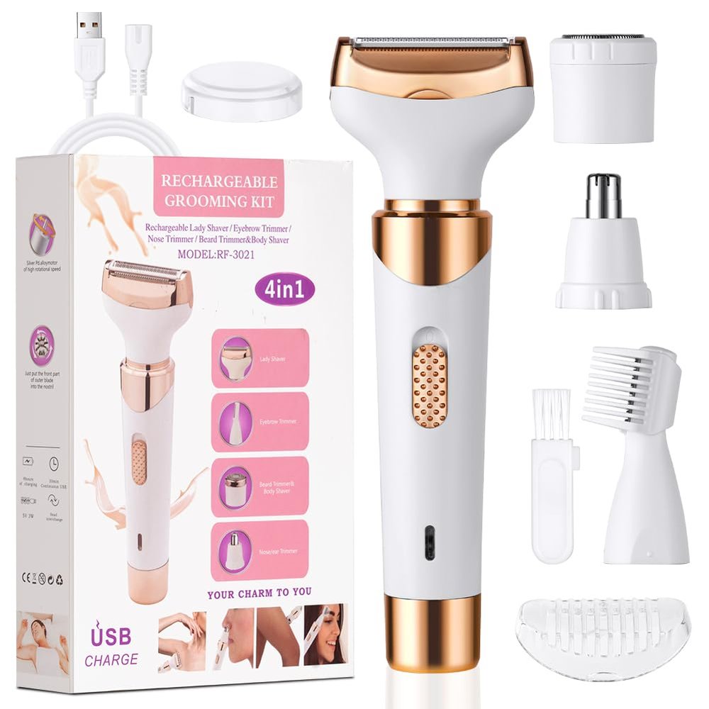 ACWOO Electric Lady Shaver, Cordless 4 in 1 Electric Shaver for Women, Rechargeable Painless Electric Razor Bikini Trimmer Wet and Dry Hair Removal for Face Legs Underarm Nose and Eyebrow (B)