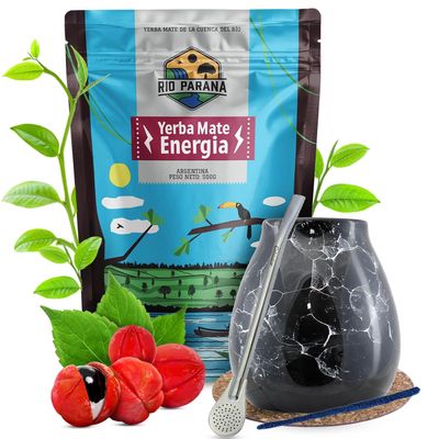 Yerba mate Rio Parana set with accessories | Stimulating Energia with guarana | Calabash, bombilla and accessories | Argentinian yerba mate | Yerba mate tea | Natural caffeine | 500g | 0,5kg