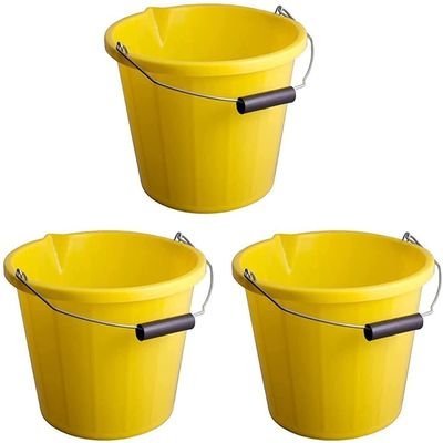 3x Yellow Strong Plastic Builders Bucket 3 Gallon Water Storage Bucket with Handle and Spout 14 Litre Pouring Lip Gardening Tool Easy To Clean and Use