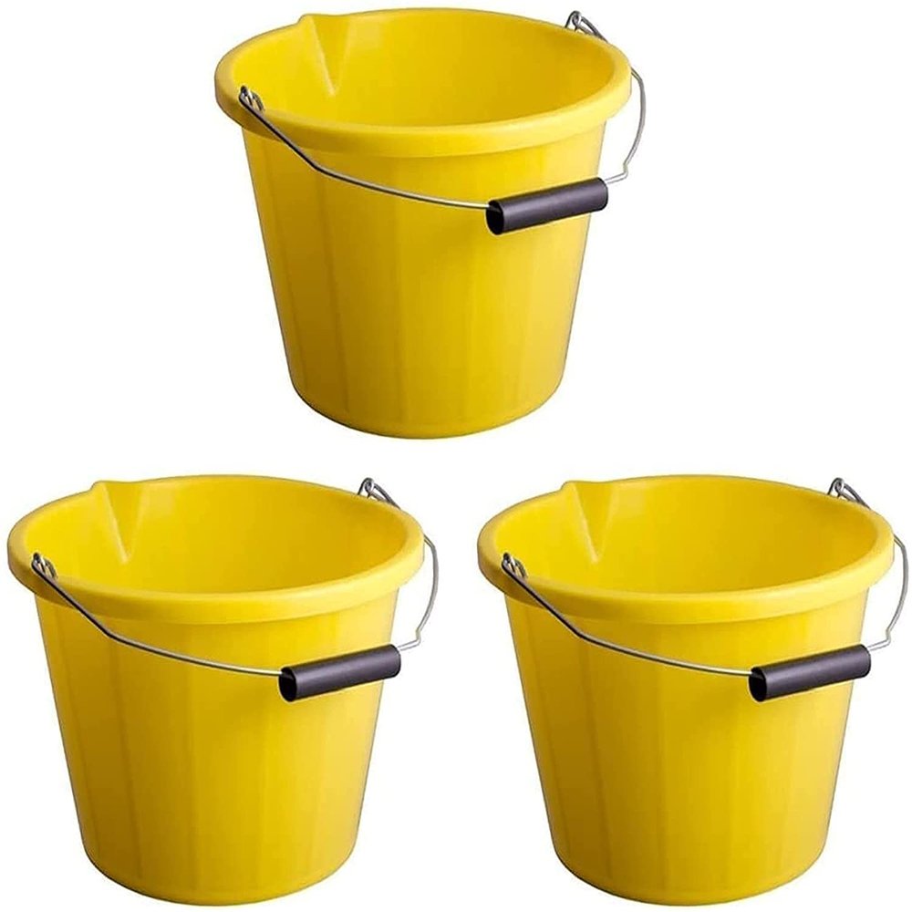 3x Yellow Strong Plastic Builders Bucket 3 Gallon Water Storage Bucket with Handle and Spout 14 Litre Pouring Lip Gardening Tool Easy To Clean and Use