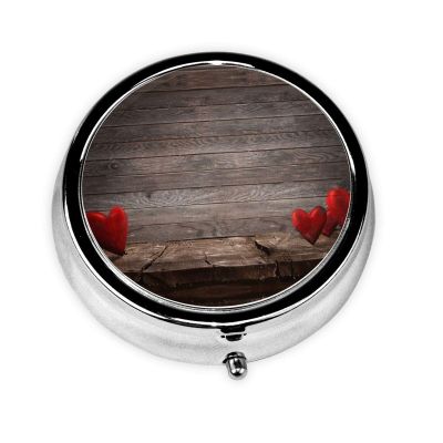 Red Heart Vintage Wood Wall Printed Round Pill Box Portable Mini Pill Case Metal Iron Plating Pill Organizer with 3 Compartment for Pocket Purse