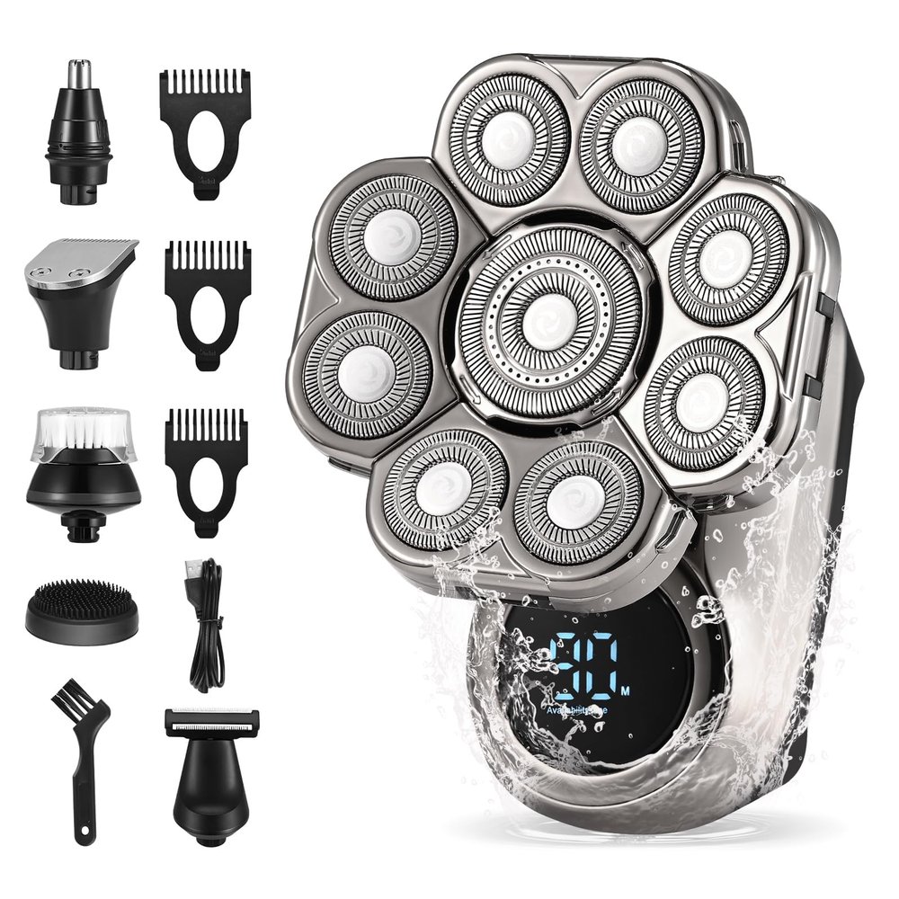 Jalann Head Shavers for Bald Men, 9D Skull Shaver for Men, 6 in 1 Men's Head Shavers, Wet & Dry Electric Razor Hair Trimmer with LED Display, Rechargeable Grooming Kit with Beard Clippers Nose Trimmer