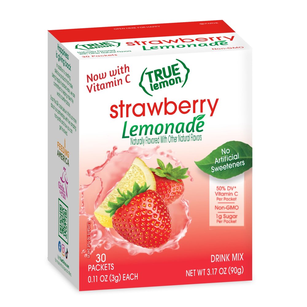 True Lemon Strawberry Lemonade Water Enhancer Drink Mix (30 Count), Low Calorie Drink Mix Packets for Water, Powdered Drink Mixes & Flavors, Individual Drink Packets, Water Flavor Packets with Stevia