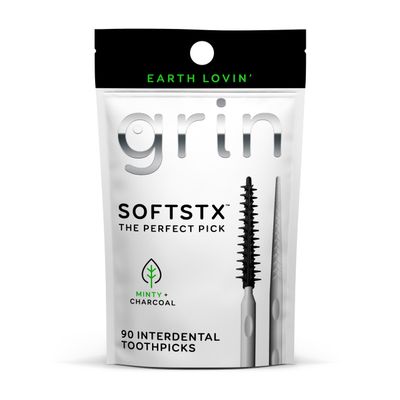 Grin Charcoal Infused Softstx, Gentle Dental Picks, 90 Count, Soft Flexible Bristles, Textured Plaque Removing Toothpick, Minty Flavor, for Between Teeth, Refillable Hygienic Case