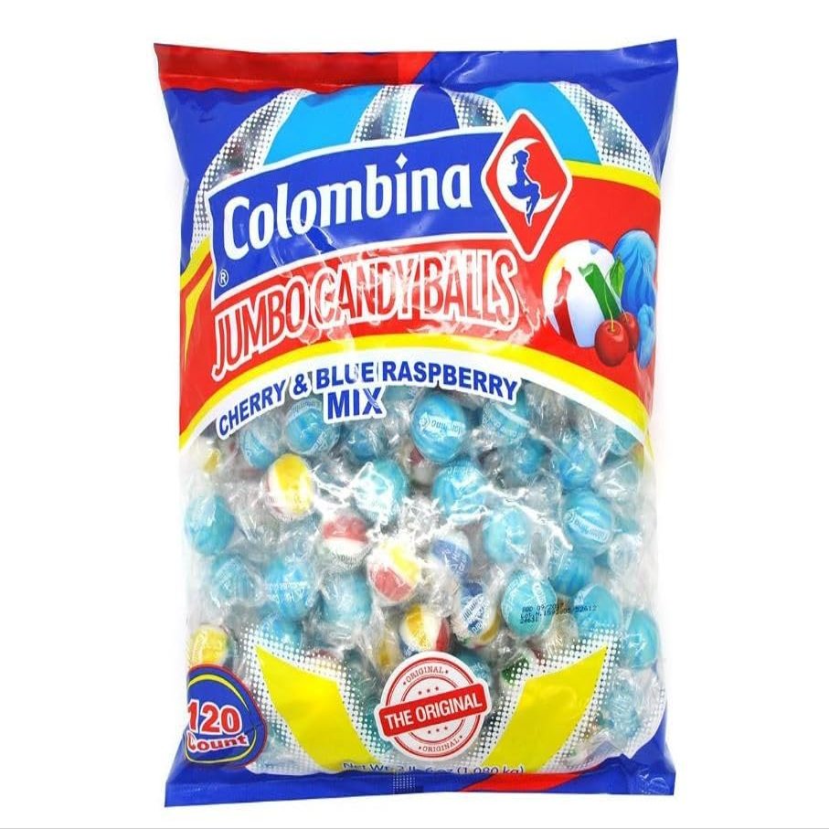 Colombina Jumbo Candy Balls Cherry & Blue Raspberry Mix Bag of 120 (Pack of 1) Sweet Treats for Parties, Events, Sharing and Summer Fun