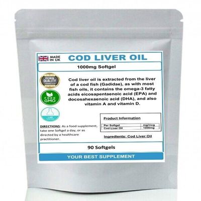 Cod Liver Oil 1000mg Softgel Capsules (High Strength Supplement) Omega 3 90