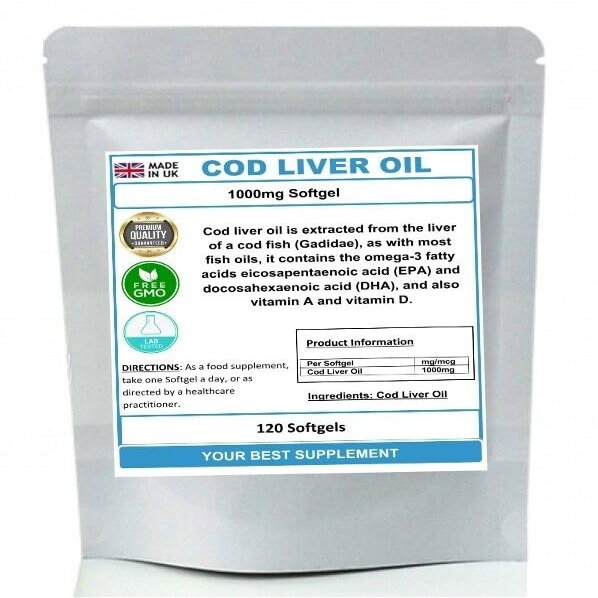 Cod Liver Oil 1000mg Softgel Capsules (High Strength Supplement) Omega 3 120