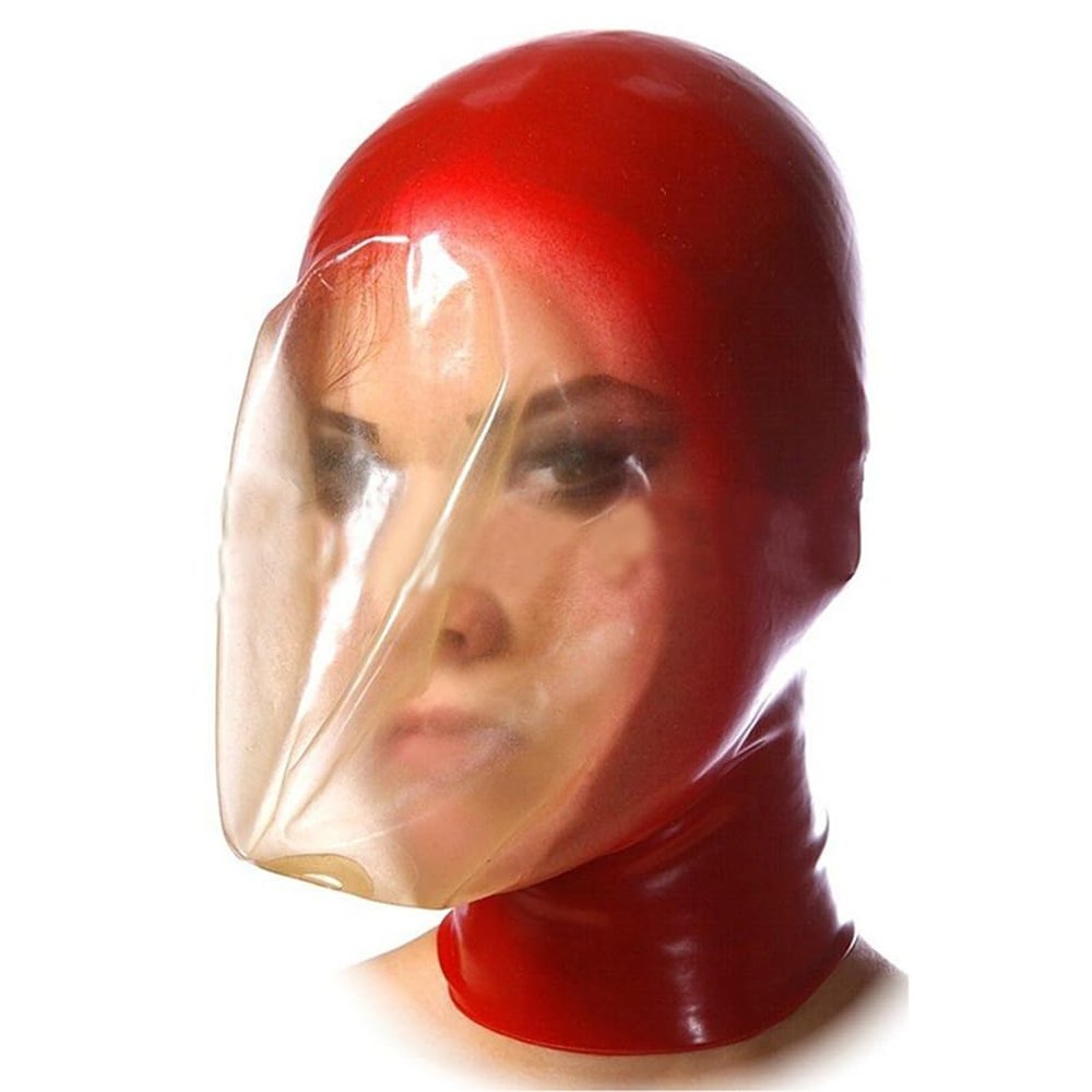 Buffny Halloween Hood face Masker,Sexy Natural Latex Head Cover Mask for Party Nightclub Prom Cosplay Fetish,Elastic,with Transparent Face and Ventilation Holes-Red||XS