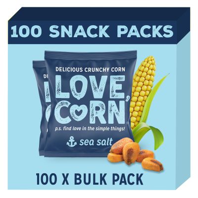 LOVE CORN Sea Salt Crunchy Corn Snack | Bulk Pack 100 x 20g Bags | Kosher, Vegan, Gluten-Free | Simple Ingredients, Low Calories, Low Sugar | Graze Alternative for Crisps, Mixed Nuts & Popcorn | UK