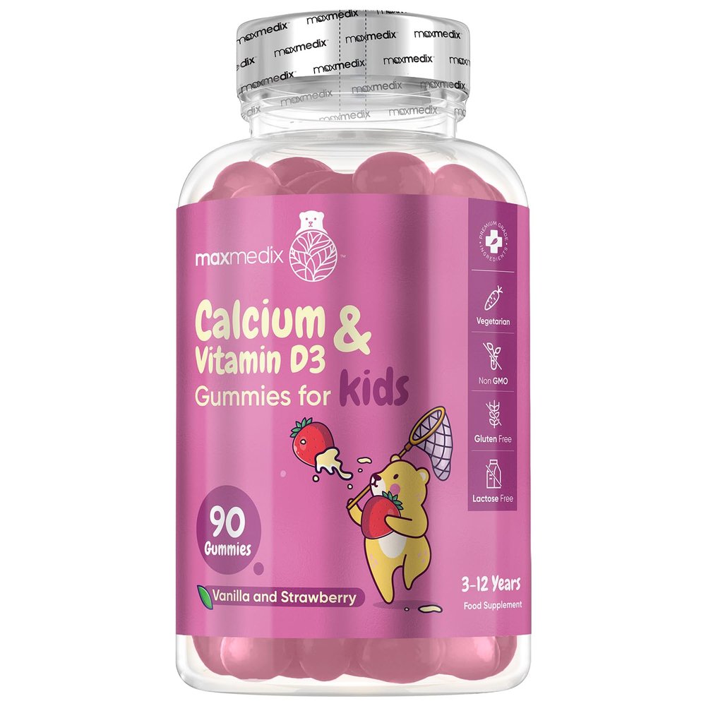 Calcium and Vitamin D for Kids | 90 Tasty Gummies | Natural Strawberry & Vanilla Flavours | 45 Days Supply | Vegetarian Calcium for Kids Aged 3-12 Years | Easy to Chew, Gluten-Free & Lactose-Free