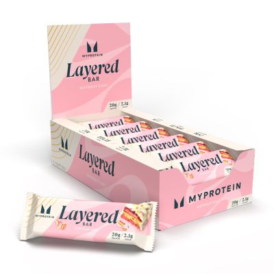 MyProtein Layered Protein Bar - Vanilla Birthday Cake Flavor, 20g Protein, Low Sugar & High Fibre, 12 x 60g Bars, Multilayered Snack for Active Lifestyles