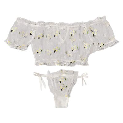 Bowknot Set Pyjamas Embroidery Bra Strapless Pyjamas Women's Lace Sexy Lingerie Catsuit, White, L
