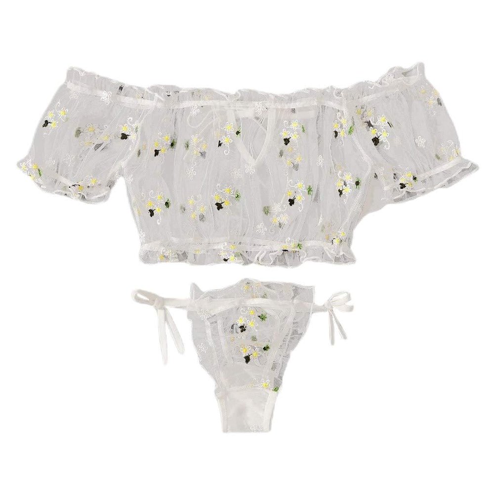 Bowknot Set Pyjamas Embroidery Bra Strapless Pyjamas Women's Lace Sexy Lingerie Catsuit, White, L