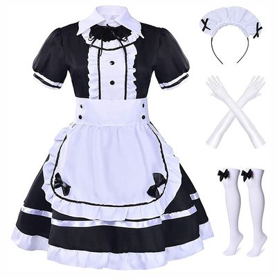 Alaiyaky Maid Dress Costume, French Maid Outfits for Women, 8Pcs Maid Cosplay Gothic Fancy Dress with Headwear Stockings Gloves Apron, Maid Dress Up for Halloween Carnival Masquerade (Type A, L)