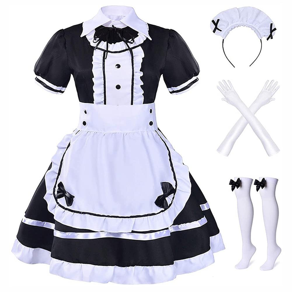 Alaiyaky Maid Dress Costume, French Maid Outfits for Women, 8Pcs Maid Cosplay Gothic Fancy Dress with Headwear Stockings Gloves Apron, Maid Dress Up for Halloween Carnival Masquerade (Type A, L)