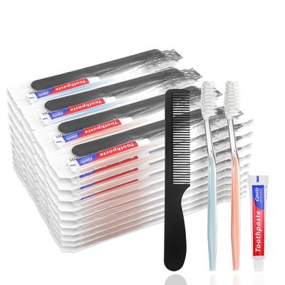 30 Pack Disposable Toothbrushes with Toothpaste and Comb Individually Wrapped,10g Travel Toothpaste,7inch Black Hair Comb, Travel Toothbrush Set for Guest, Hotel,AirBnb