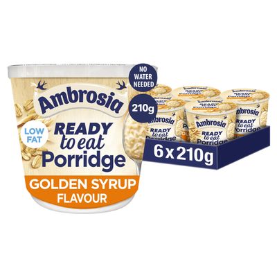 Ambrosia Low Fat Porridge Pots, Ready-to-Eat Golden Syrup Flavour With British Wholegrain Oats, 210 g (Pack of 6)