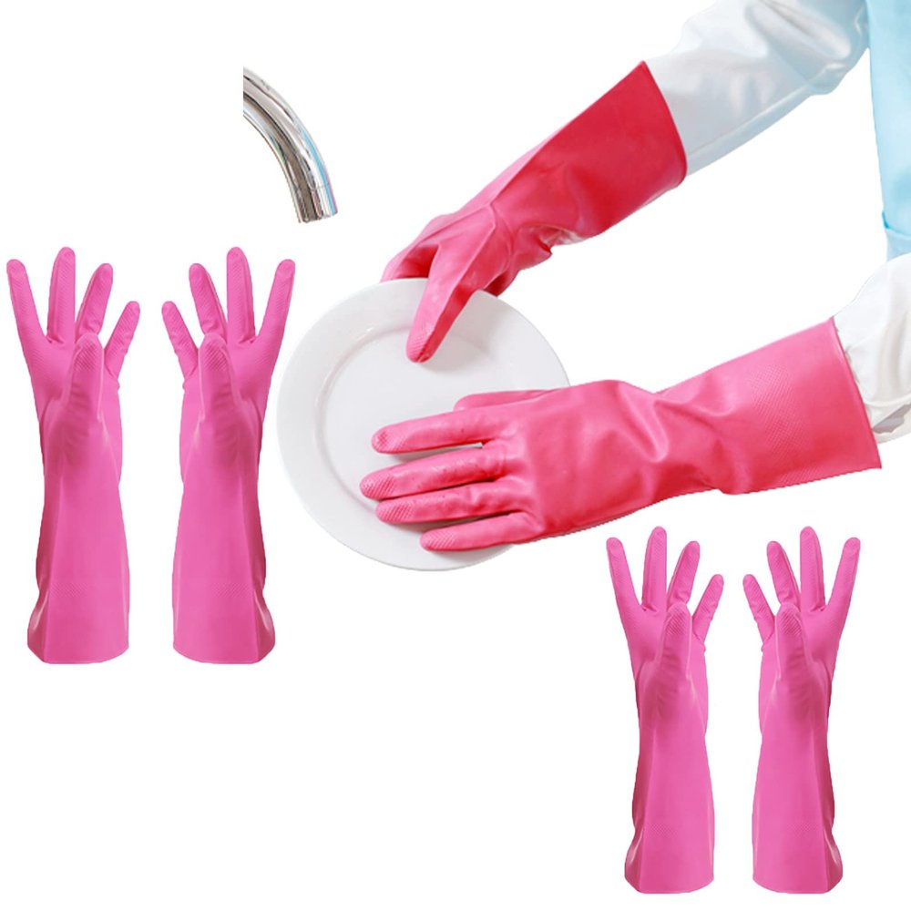 FCSHFC 3 Pairs Non-Slip Rubber Gloves Reusable Cleaning Gloves, Dishwashing Gloves Kitchen Washing Up Gloves for Household (Color : Pink, Size : M)