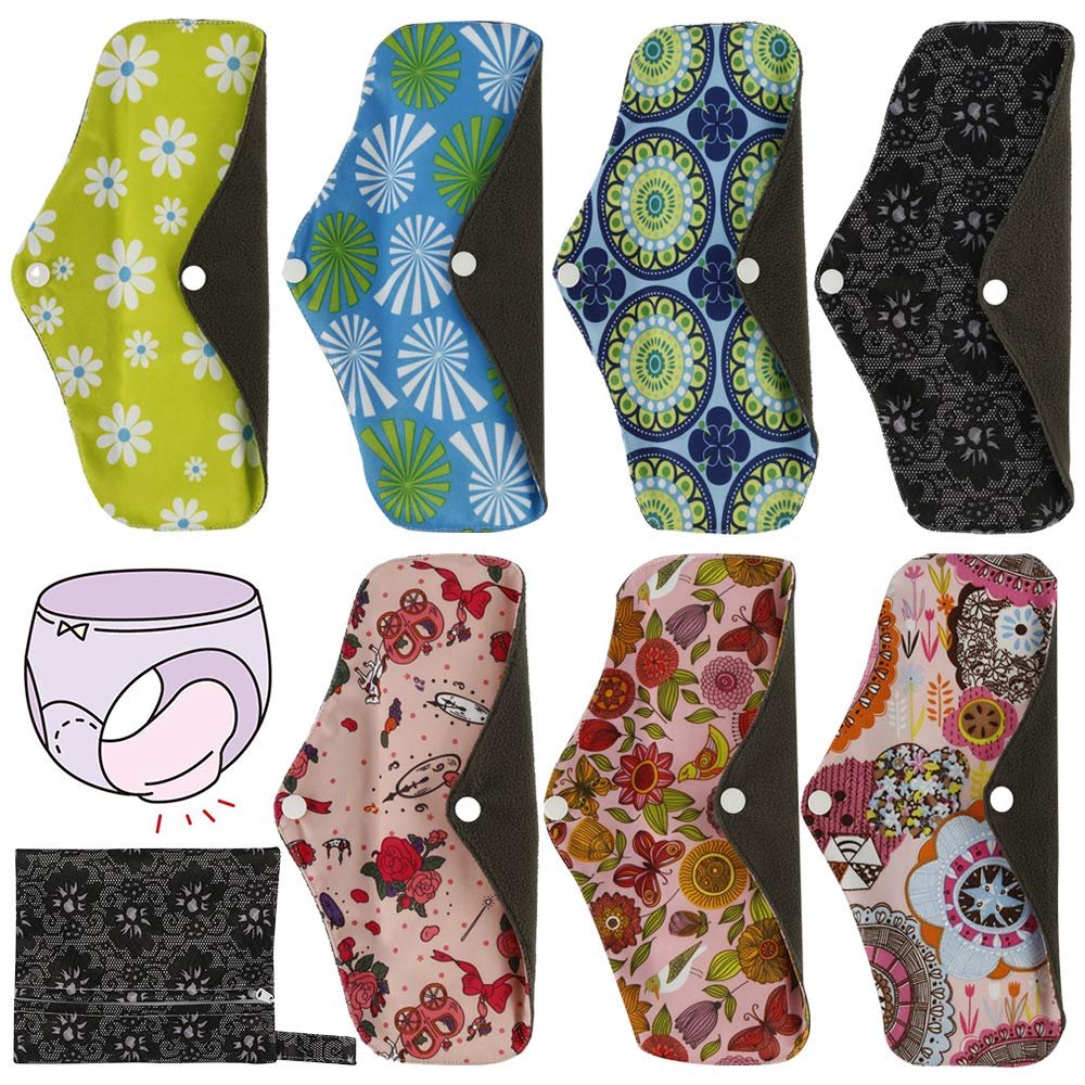 7Pcs Reusable Period Pads, 4 Layer Sanitary Towels Pads, 18 * 25.5cm Washable Cloth Menstrual Sanitary Towels with Storage Bag
