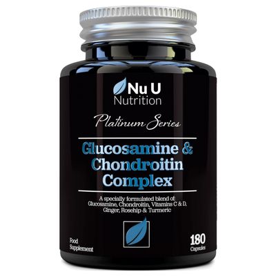 Glucosamine and Chondroitin High Strength Complex - 180 Capsules - with Turmeric, Ginger, Rosehip, Vitamin C & D - Joint Care Supplements for Women & Men - Made in The UK - Nu U Nutrition