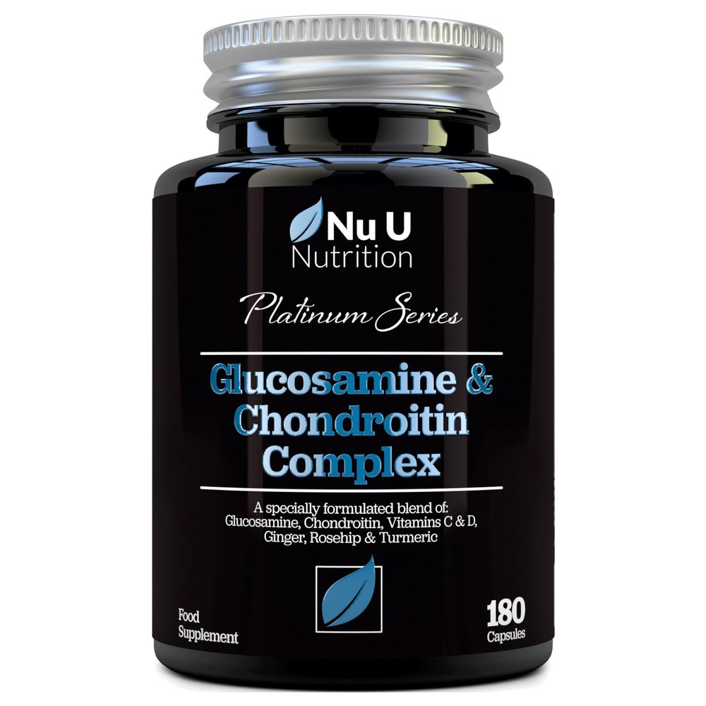 Glucosamine and Chondroitin High Strength Complex - 180 Capsules - with Turmeric, Ginger, Rosehip, Vitamin C & D - Joint Care Supplements for Women & Men - Made in The UK - Nu U Nutrition