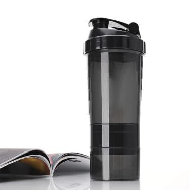 Black Protein Shaker Bottle - With Mixing Ball For Shake - Leak Proof Lid & Twist Off 3 Supplement Storage Compartments Pill Tray - Black Sports Water Bottle - Leak proof Protein Powder Shaker- 500ml